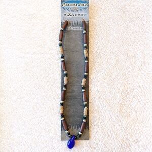 Panama Jack eXtreme 18” Beaded‎ Necklace Blue Glass Pendant Y2K NOS 2002
